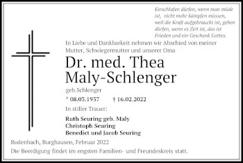 Traueranzeige von Thea Maly-Schlenger von OF