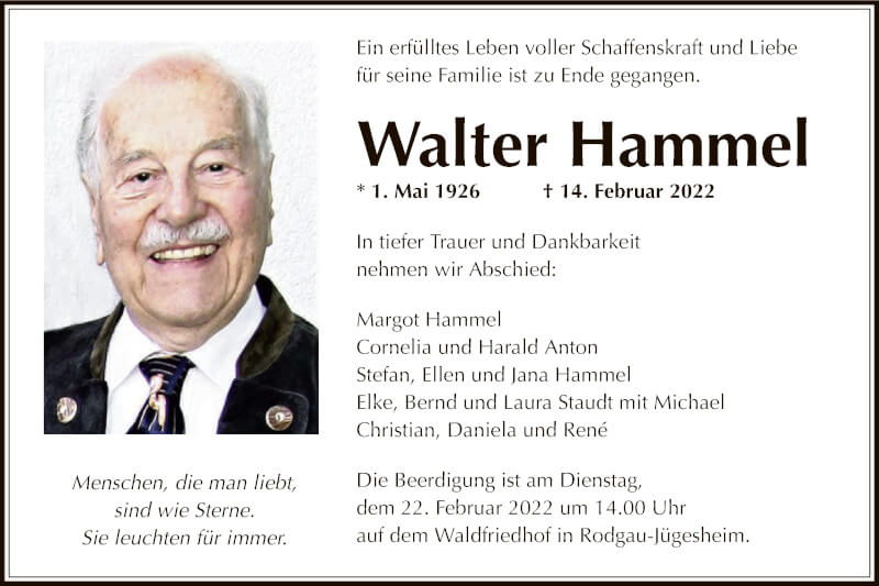  Traueranzeige für Walter Hammel vom 19.02.2022 aus OF