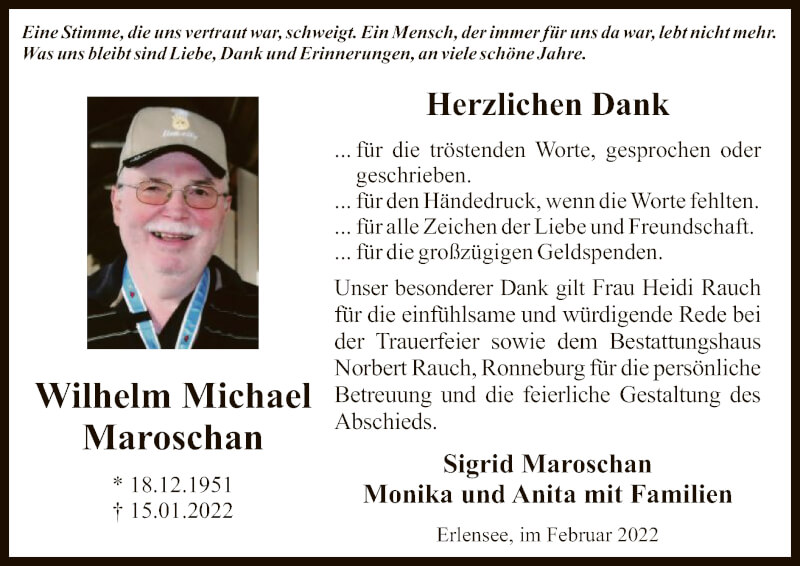  Traueranzeige für Wilhelm Michael Maroschan vom 19.02.2022 aus OF