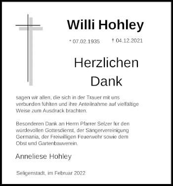 Traueranzeige von Willi Hohley von OF