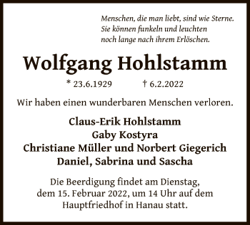 Traueranzeige von Wolfgang Hohlstamm von OF