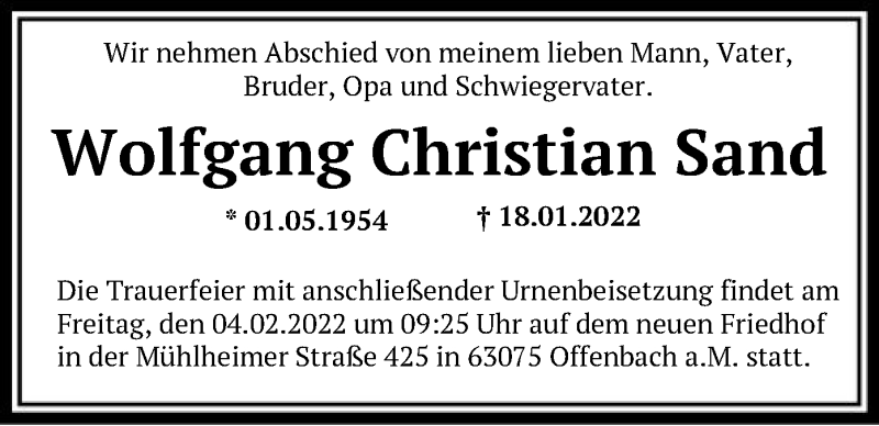  Traueranzeige für Wolfgang Christian Sand vom 02.02.2022 aus OF