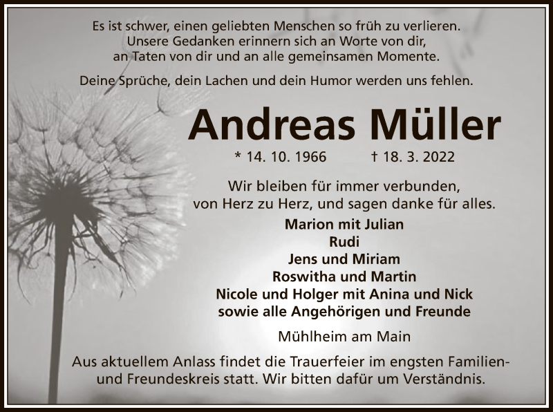  Traueranzeige für Andreas Müller vom 26.03.2022 aus OF