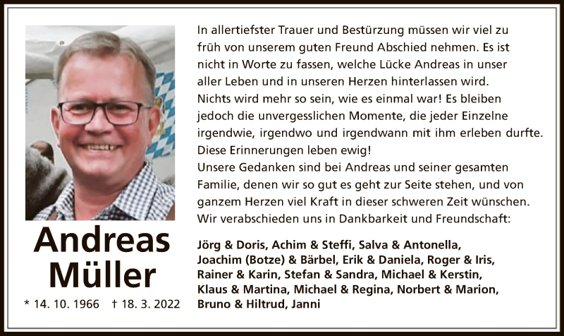  Traueranzeige für Andreas Müller vom 30.03.2022 aus OF