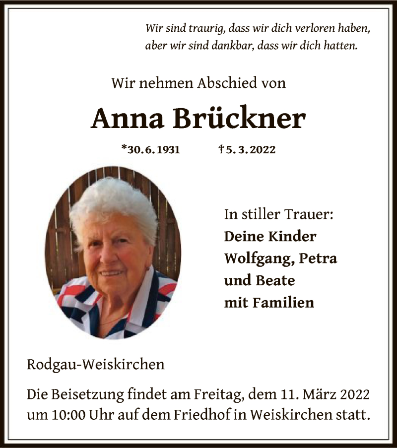  Traueranzeige für Anna Brückner vom 09.03.2022 aus OF