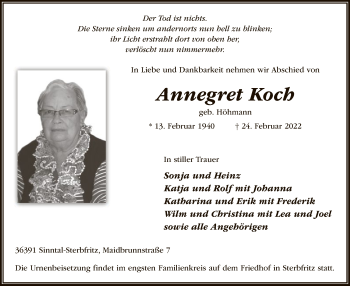 Traueranzeige von Annegret Koch von OF