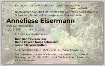 Traueranzeige von Anneliese Eisermann von OF