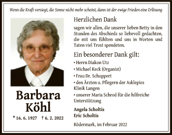 Traueranzeige von Barbara Köhl von OF