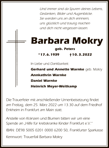 Traueranzeige von Barbara Mokry von OF