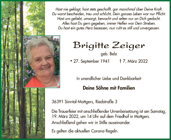 Traueranzeige von Brigitte Zeiger von OF