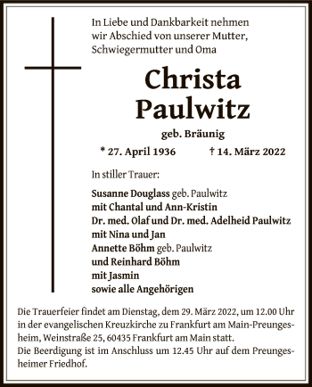 Traueranzeige von Christa Paulwitz von OF