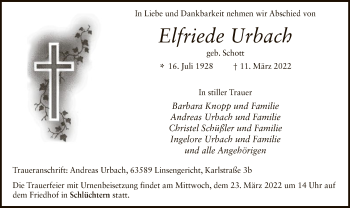 Traueranzeige von Elfriede Urbach von OF