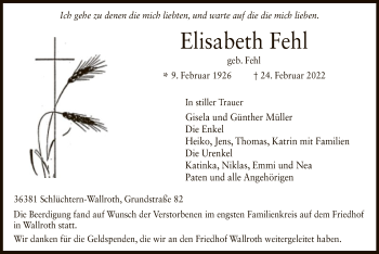 Traueranzeige von Elisabeth Fehl von OF