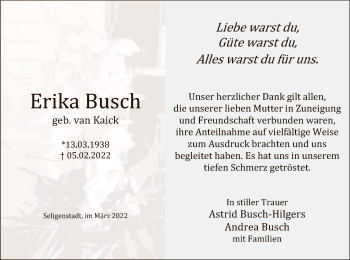 Traueranzeige von Erika Busch von OF