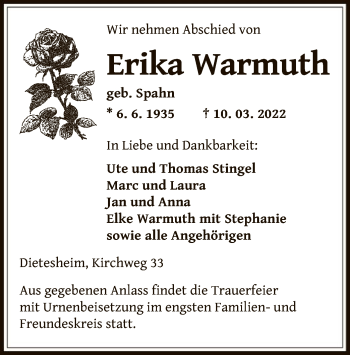 Traueranzeige von Erika Warmuth von OF