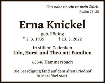 Traueranzeige von Erna Knickel von OF