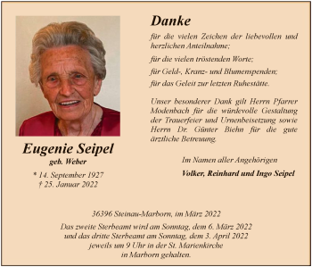 Traueranzeige von Eugenie Seipel von OF