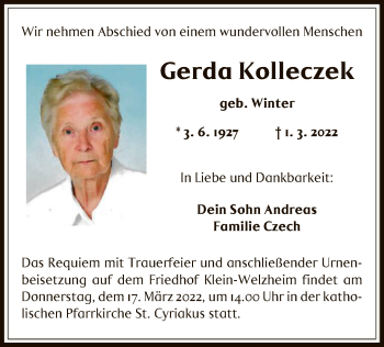 Traueranzeige von Gerda Kolleczek von OF