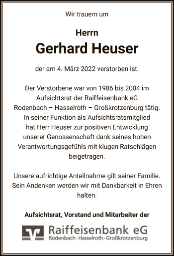 Traueranzeige von Gerhard Heuser von OF