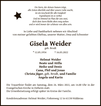 Traueranzeige von Gisela Weider von OF