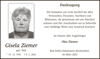 Traueranzeige von Gisela Ziemer von OF