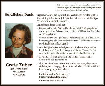 Traueranzeige von Grete Zuber von OF