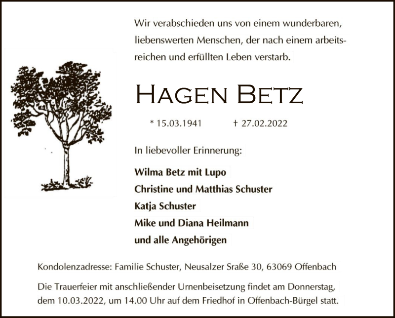  Traueranzeige für Hagen Betz vom 05.03.2022 aus OF