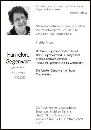 Traueranzeige von Hannelore Gegenwart von OF