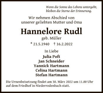 Traueranzeige von Hannelore Rudi von OF