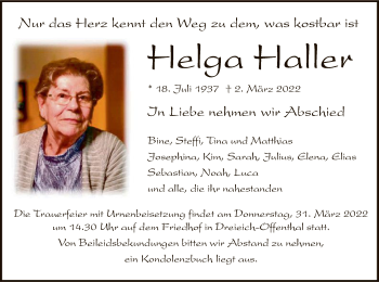 Traueranzeige von Helga Haller von OF