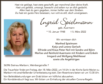 Traueranzeige von Ingrid Spielmann von OF