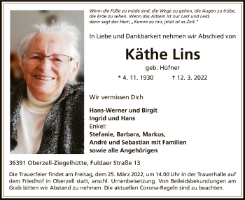 Traueranzeige von Käthe Lins von OF