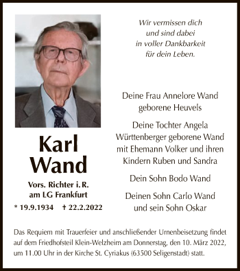 Traueranzeige von Karl Wand von OF