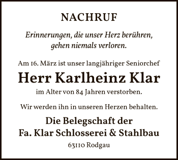 Traueranzeige von Karlheinz Klar von OF