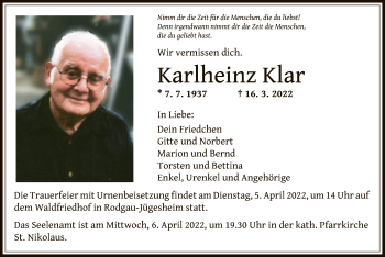 Traueranzeige von Karlheinz Klar von OF