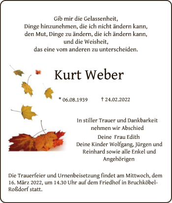 Traueranzeige von Kurt Weber von OF