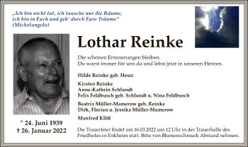 Traueranzeige von Lothar Reinke von OF