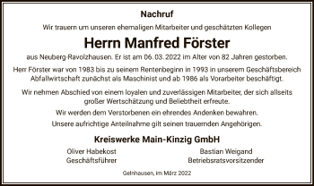 Traueranzeige von Manfred Förster von OF