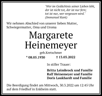 Traueranzeige von Margarete Heinemeyer von OF