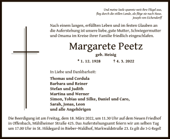 Traueranzeige von Margarete Peetz von OF