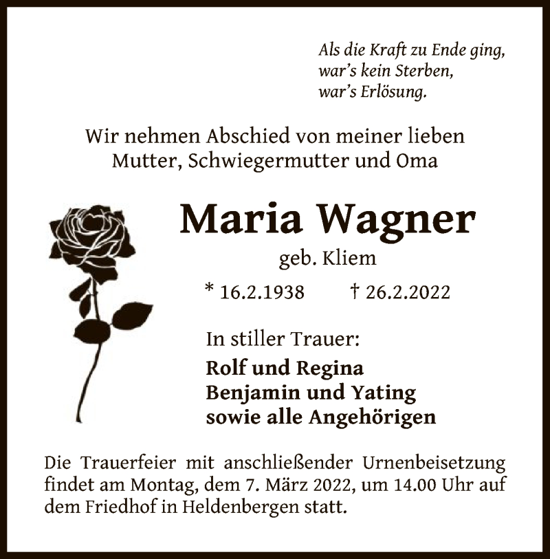 Traueranzeigen von Maria Wagner | trauer.op-online.de