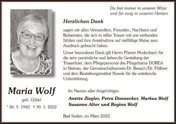 Traueranzeige von Maria Wolf von OF