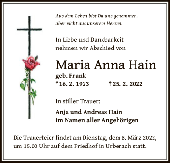 Traueranzeige von Maria Anna Hain von OF