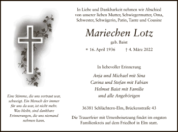 Traueranzeige von Mariechen Lotz von OF