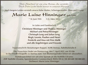 Traueranzeige von Marie Luise Hinninger  von OF