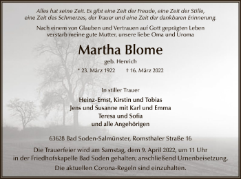 Traueranzeige von Martha Blome von OF