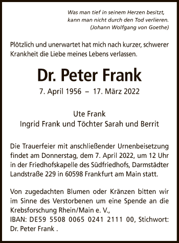 Traueranzeige von Peter Frank von OF