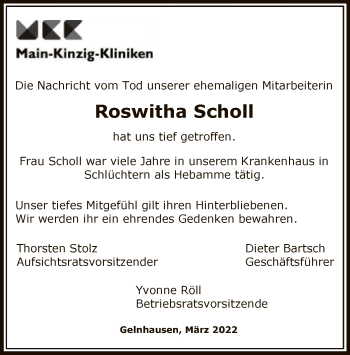 Traueranzeige von Roswitha Scholl von OF