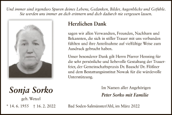 Traueranzeige von Sonja Sorko von OF
