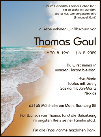 Traueranzeige von Thomas Gaul von OF